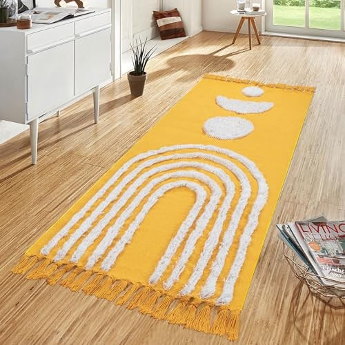 LINROMIA Tappeto Corridoio Lungo 60x180 cm, Boho Giallo Arcobaleno Tappeti in Cotone, Tappeto Tessuto a Mano con Frange, Tappeto Lavabile in Lavatrice per Cucina Salotto Bagno Camera Da Letto
