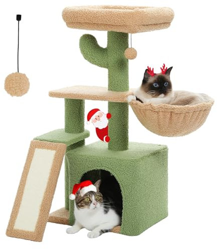 PETEPELA Árbol de cactus para gatos de interior, torre pequeña de 32 pulgadas con rampa rascadora de sisal, hamaca acogedora y percha superior extraíble para gatitos, verde