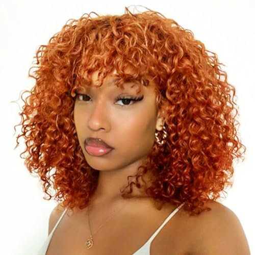 DÉBUT Echthaar Perücke mit Pony Kurze lockige Bob Perücke Echthaar Jerry Curl Bob Perücke für schwarze Frauen 150% Dichte nicht Spitze vorne Kleberlose Perücke(25 cm, S ORANGE)