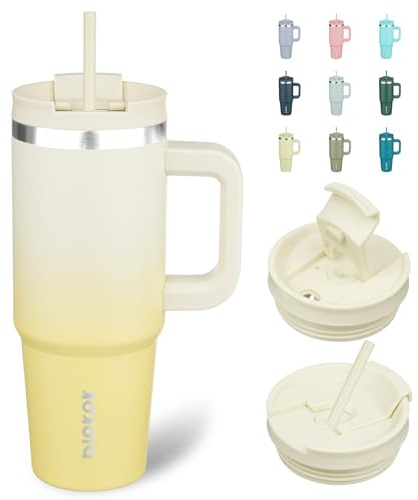BJPKPK 900 ml Insulated Tumbler with Handle & Straw, Stainless Steel | Double Wall Vacuum Insulation, Leak Proof, BPA Free, Dishwasher Safe, Cupholder Friendly, Travel & Outdoor, Lemon