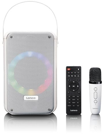 Lenco BTC-060 tragbare Karaoke-Maschine - Bluetooth 5.2-20 Watt RMS - 2 Lautsprecher - Mikrofon - Fernbedienung - integrierter Akku - Lichteffekte - weiß