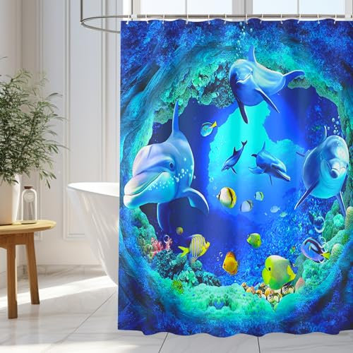 wiipara Duschvorhang 180x200cm, Wasserabweisende Duschvorhänge Blau Delphin Shower Curtains Bad Vorhang, Waschbar Badzimmer Badewanne Vorhang Duschvorhang Anti Schimmel mit 12 Duschvorhangringe