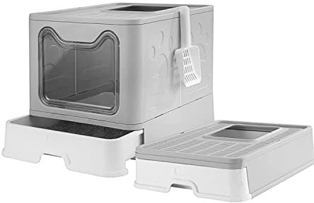 XUANYU Bac à Litière pour Chat Fermée Taille XL, Grande Maison de Toilette Chat Pliable avec Couvercle, Tiroir à Litière avec Pelle, WC pour Chats, Jusqu'à 7 kg/15 lbs, 51×41×38 cm (Gris)