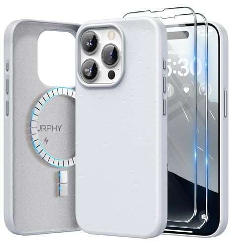 SURPHY Faux Leather Case for iPhone 15 Pro Case with Screen Protector, Premium PU Leather Compatible with MagSafe [Metallic Buttons & Microfiber Lining] Cover for iPhone 15 Pro 6.1 inch, Cool White