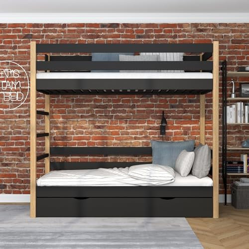 N-wood N03 Etagenbett mit Schublade, Kinderbett 80x180 cm, für 2 Kinder, 2 Leitermontageseiten: Links oder rechts, abgerundete Kanten, Massivholzkonstruktion, Hochwertige Materialien, Schwarzeiche