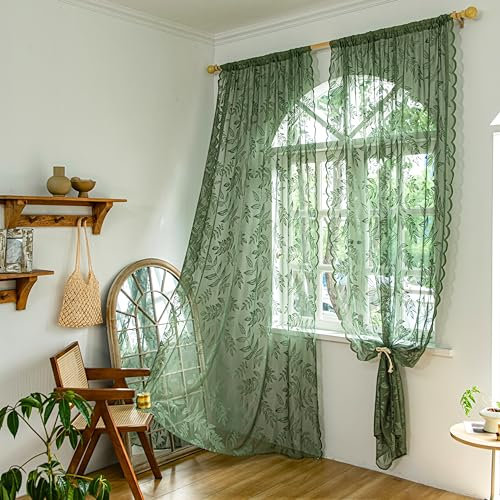 Sutuo Home Spitzen-Vorhänge, 244,8 cm lang, für Schlafzimmer, Wohnzimmer, Blätter-Stickerei, Fenster, durchscheinende Vorhänge, Stangentasche, Vintage-Stil, Landhaus-Fensterbehandlungen, Set mit 2