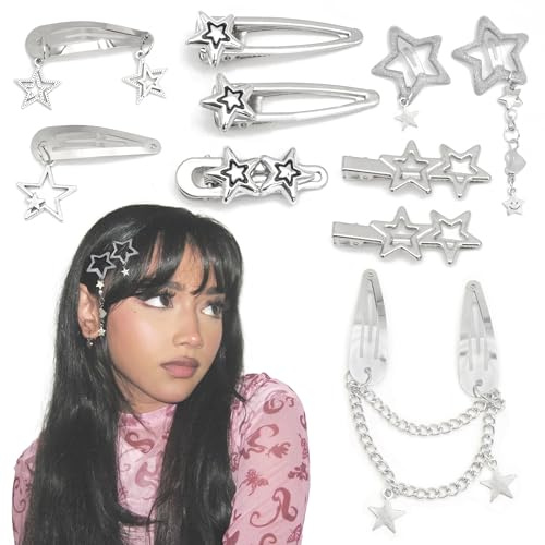 YAEISM Y2K Haarspangen mit Sternen, silberfarben, 8 Formen, Pentagramm, Punk, Kawaii, Haarschmuck für Damen, 10 Stück
