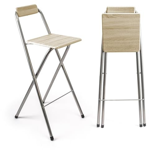 BESCH Taburete Plegable Alto 46x46x98cm con Respaldo - Silla Plegable de Metal y con Base de Madera Natural Ideal para Cocina, Salón, Bar (46x46x98cm, Base Color Roble Blanco)