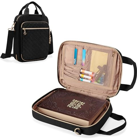 Teamoy Bibeltasche mit Schulterriemen, große Capcity Buchtasche mit Lesezeichen Blet，Multi-Pockets Bibel Buch Tote Bag für Frauen, Schwarz