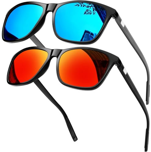 KANASTAL 2er Set Polarisiert Sonnenbrille Herren Damen Größe, Glänzend Schwarz Rahmen Verspiegelt Blau Gläser Grau Bügel und Glänzend Schwarz Rahmen Verspiegelt Rot Gläser