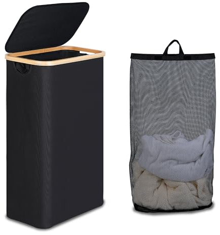 efluky Panier à Linge avec Couvercle 75L, Panier à Linge étroit avec Poche Intérieure Lavable, Bac à linge Noir avec Poignées en Bambou, Paniers à Linge Pliables pour Buanderie, Chambre, Salle de Bain