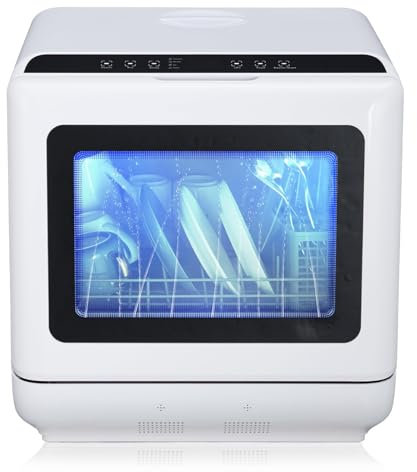 Mini lave-vaisselle, lave-vaisselle de table avec 4 couverts, réservoir d'eau intégré de 5 L, 5 programmes, deux modes d'alimentation en eau et démarrage différé, parfait pour les petites familles