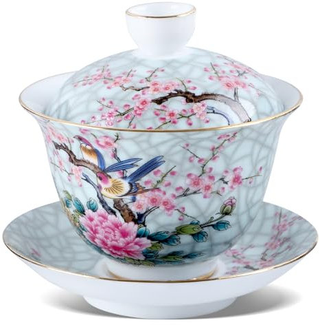 Xnqelerate Gaiwan Keramik-Set, Traditionelle Chinesische Teetasse, Kung Fu Teetasse mit Deckel und Untertasse, Weiß Porzellan Teetasse Sancai Teeschale(Elster und Pflaumenblüte 7 OZ)