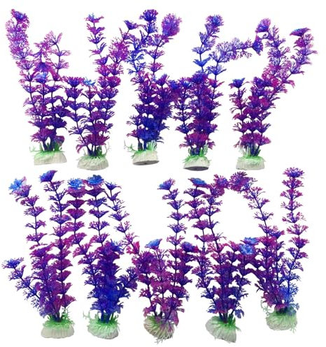 Finest-Filters 10 Pack Aquarium Fish Tank 8 Plastic Plants for Aquarium Decoration Decor in Multiple Plant Styles & Vibrant Colour Plants For Freshwater & Marine Aquariums (Purple Fern Type)