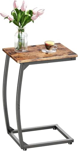 LAKEMID C-förmiger Beistelltisch, Beistelltisch für Couch, Kleiner Sofatisch mit Metallrahmen, Couchtisch für kleine Räume, TV-Tablett, Tisch für Wohnzimmer, Schlafzimmer (Rustic Brown)