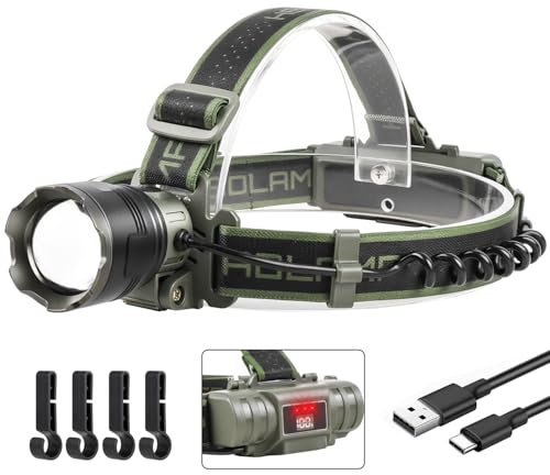 VOPHICHO Linterna Frontal Led Recargable, 90000 LM Alta Potencia Linterna de Cabeza Rojo Advertencia y 4 Modos, Linterna Frontal Ajustable y Zoomable Impermeable IP65 para Campeggio Senderismo