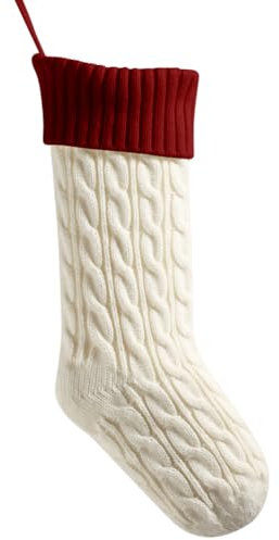 meioro 46cm Große Weihnachtsstrumpf, Kabel Gestrickt Nikolausstrumpf für Kinder, Klassische Weihnachtsstrümpfe Kamin Hängende Strümpfe für Familie Urlaub Party Dekorationen (Top Rot+Bottom Weiß)