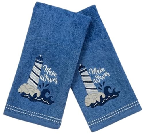 Serafina Home Coastal Lighthouse Bath Hand Towels, Embroidered Make Waves Lighthouse Waves 16 x 25 inches, 2 Piece Set, Blue