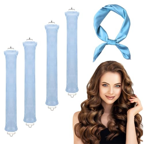 4 x Hitzelose Lockenwickler, Lockenstange Mit Haarschal, Ausblasstäbe für Alle Haartypen, Damen DIY-Haarstyling (Blau, 30 cm)