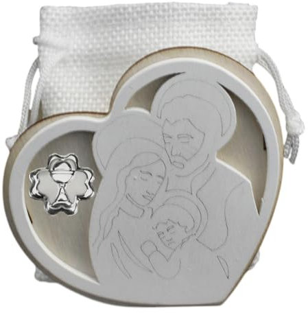 DLM-A714 Bomboniere 12 Utili Scatoline in legno CM 8X8X4 con sacchettino Juta portaconfetti linea cuore Sacra Famiglia con Quadrifoglio portafortuna Calice Comunione Bambino Bambina