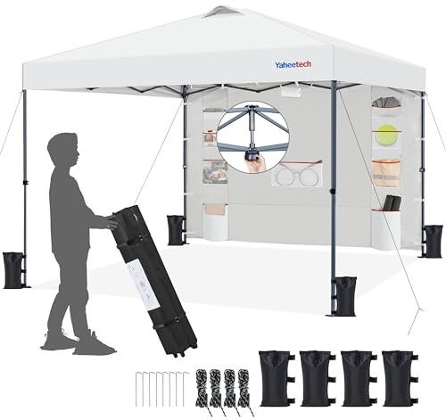 Yaheetech Carpa Pop-Up con Botón Central con Pared Lateral de 9 Bolsillos de Almacenamiento, Altura Ajustable 1 Bolsa con Ruedas 4 Sacos de Arena para Playa, Patio, Camping y Jardín (Blanco, 3x3M)
