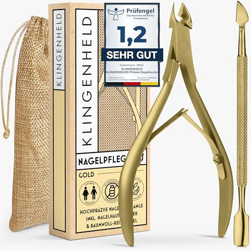 KLINGENHELD® Präzise Nagelhautzange inkl. 1 Nagelhautschieber - Sehr leichtgängig & extra scharf - inkl. Reise-Etui aus Baumwolle 100% plastikfrei & nachhaltig - Nagelhautschere, Nagelhautschneider