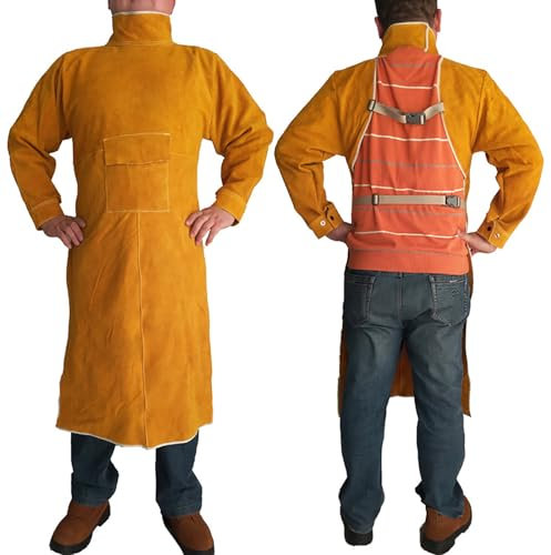 Schweißschürze aus Leder mit Ärmel und Tasche, hitzebeständige Schweißerschürze aus Rindsleder,Gelb,120cm