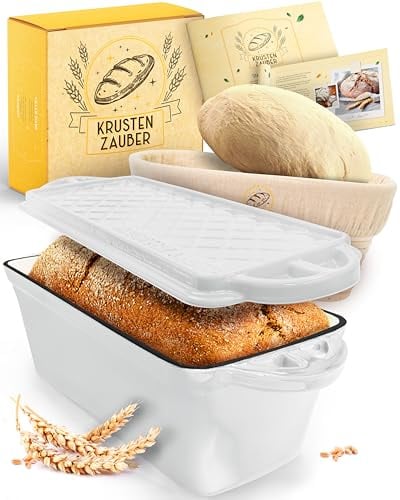 KRUSTENZAUBER Emaille Brotbackfrom mit Deckel inkl. Gärkorb - Robuste 28cm Backform aus Gusseisen - Ideal als Kastenform, Toastbrot Backform, Brotform, Gusseisen Topf Brot backen Zubehör, Brottopf