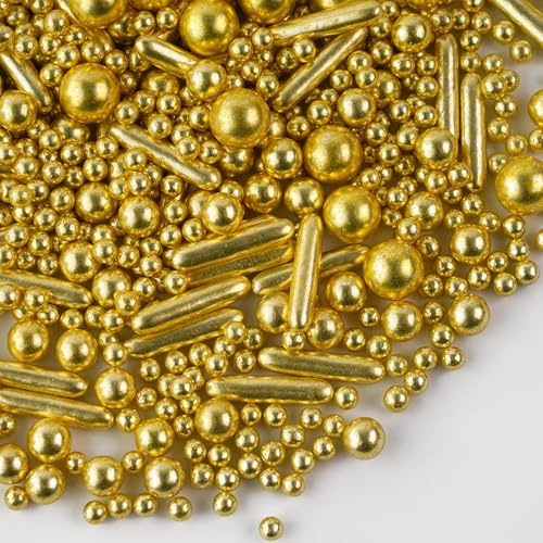 Gold Essbare Perlen für Tortendeko, 130g Streusel für Kuchen Backfeste Muffin Cupcake, für Weihnachten Halloween Hochzeiten Kommunion und tägliche Kuchendekorationen
