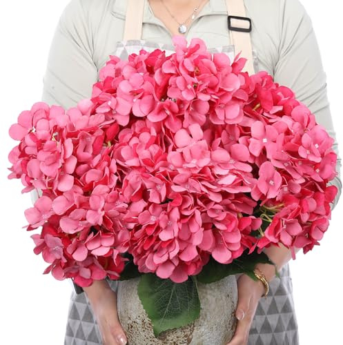 Crowye Lot de 6 grandes fleurs d'hortensia artificielles en soie avec tiges de 47 cm de long pour centres de table, décoration de fête de mariage (rose rouge)