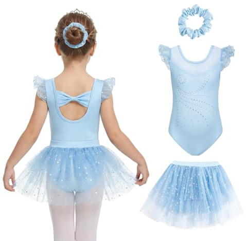 JiAmy Girls' 3-Piece Ruffle Sleeve Ballet Leotard Set with Sequin Tutu
