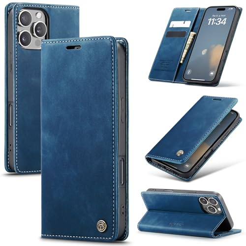 Azororo Case for iPhone 16 Pro Max 5G Premium Leather Phone Cover, Magnetic Stand Flip Case, with Wallet Card Slot Cover for iPhone 16 Pro Max -Blue