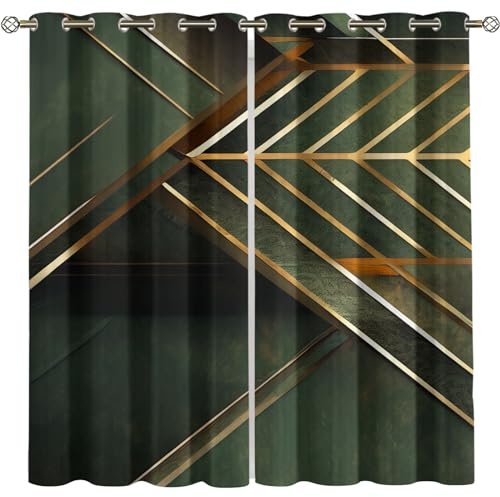 Vorhänge Wohnzimmer Blickdicht Gardinen Verdunkelungsvorhang Schlafzimmer Kinderzimmer Thermovorhang Fensterdekoration 3D Grünes Gold, Moderne Geometrische Texturlinien Ösenschal 2Er Set 234X230Cm
