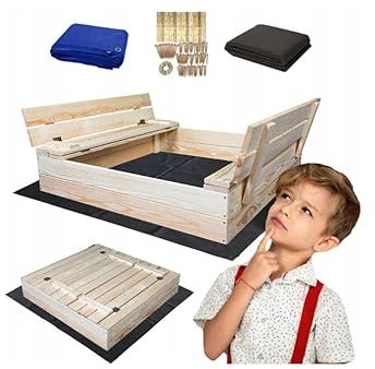 Sandkasten mit Sitzbank 100 x 100 cm, Dach, Naturholz, Sandkasten für Kinder, Spielplatz