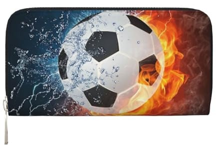 Hnnkloy Fußball auf Feuer und Wasser, PU-Leder-Geldbörsen mit großer Kapazität, Clutch-Geldbörse für Männer und Frauen