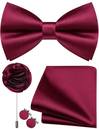 Ailisus Bordeaux Rot Fliege Herren Vorgebunden Satin Fliege und Einstecktuch mit Ansteckblume Manschettenknöpfe Set für Feste