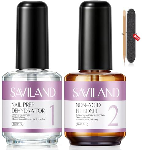 SAVILAND Nail Dehydrator and Primer: 2PCS 15ml Acid-Free Natural Nails Prep | Gel Polish Bond Primer Nail Protein Superior Bonding for Gel Nails Polish Acrylic Powder Supplies Beginner Salons
