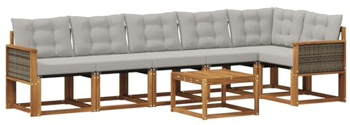 vidaXL Outdoor-Sofagarnitur mit Kissen 7 pcs Natürlich und Hellgrau, Garten, modernes Sofa-Set, langlebige Möbel für draußen, stilvolle Lounge, entspannen am Pool
