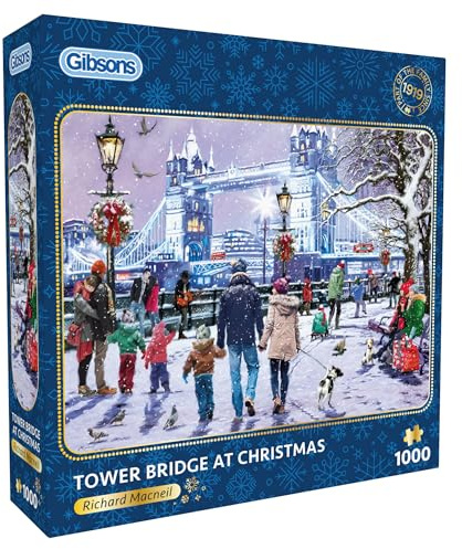Gibsons Tower Bridge at Christmas 1000 Piece Jigsaw Puzzle for Adults - Beautiful Festive Scene Artwork by Richard Macneil, Premium Sustainable Puzzle Made in the UK/EU - Great Gift