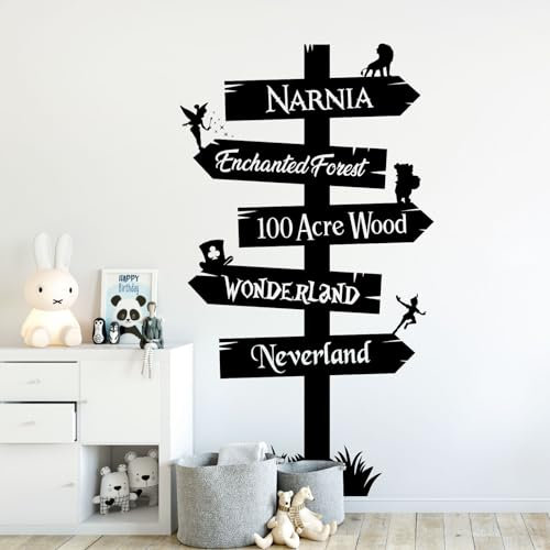 Wandtattoo mit Schildern zu Narnia, Hogwarts, Neverland, Wonderland, 100 Acre Wood XLarge (645 x 1200mm) Schwarz