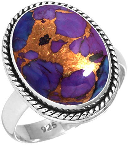 Jeweloporium Bague en argent et cuivre, turquoise violette, taille 52,5, bague en argent sterling 925 pour femme, bijou artisanal fait main avec grosse pierre ovale