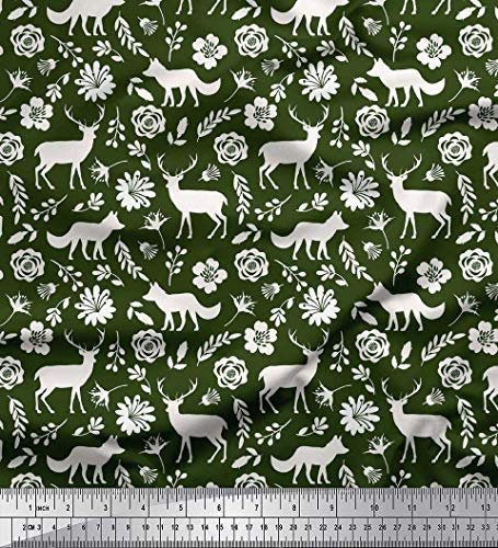 Soimoi Grun Baumwoll-Popeline Stoff Silhouette Hirsch & Fuchs Blumen- Drucken Nahen Stoff 1 Meter 56 Zoll breit