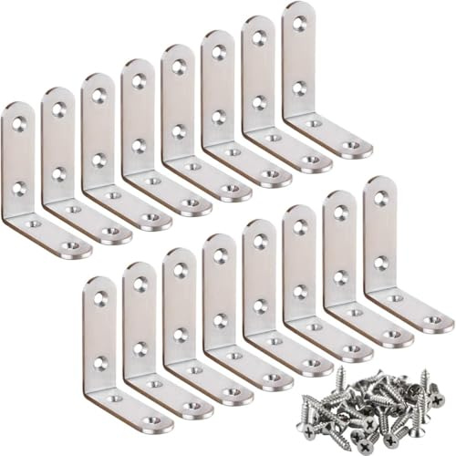 16Pcs L Bracket Corner Brace 2.5 x 2.5 Inch Stainless Steel Corner Brackets, Heavy Duty 90 Degree Joint Right Angle Shelf Brackets for Shelves Wood Furniture with Screws