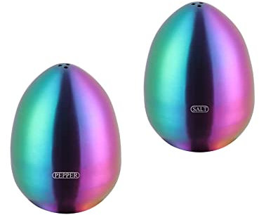 Juego de 2 piezas de salero y pimentero de arco iris, bonito tarro de condimentos de acero inoxidable con forma de huevo para el hogar y utensilios de cocina, cómodo y ergonómico