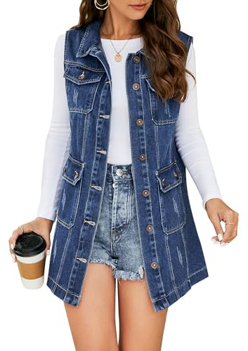 Flygo Womens Casual Button Up Sleeveless Denim Jean Mid Long Vest Gilet Jacket(01 Dark Blue-L)