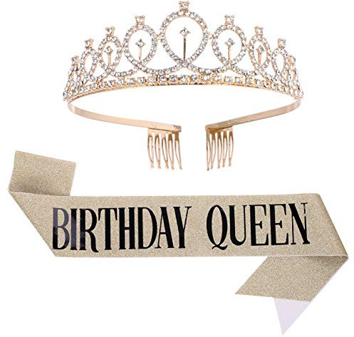 QINREN Birthday Geburtstag Geburtstagskrone Schärpe Birthday Krone Gold Geburtstag Tiara Crown Frauen Mädchen Geburtstag Tiara für Alles Gute zum Geburtstag Partyzubehör, Gefälligkeiten, Dekorationen
