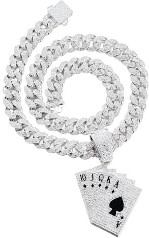 HALUKAKAH Collier Pendentif Plaqué Platine pour Hommes - Plus 1000 Diamants - Chaîne Maillons Cubains - Pendentif Tisonnier avec Diamants Groupés - Style Hip-Hop - Livré avec Boîte-Cadeau