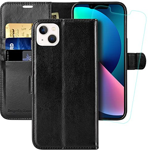 MONASAY Wallet Case for iPhone 13 Mini 5G,5.4-inch[Glass Screen Protector Included] [RFID Blocking] Flip Folio Leather Cell Phone Cover with Credit Card Holder,Black