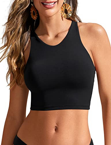 CRZ YOGA Women's Racerback Bikini Tops Quick Dry Modest Swimsuit Top Sports Padded Bathing Suit Black 14