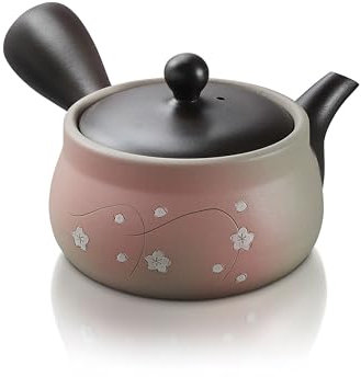 Japanese Green Tea Co. Tetera japonesa de arcilla roja para té verde (9 onzas), tetera tradicional de arcilla fabricada en Tokoname con diseño floral, sistema de malla fina para té Fukamushi al vapor